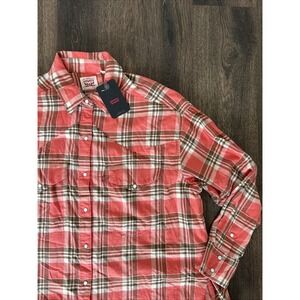 Levis Shirt Mens Large RedOrange Plaid Western Pearl Snap Long Sleeve Cowboy Top
